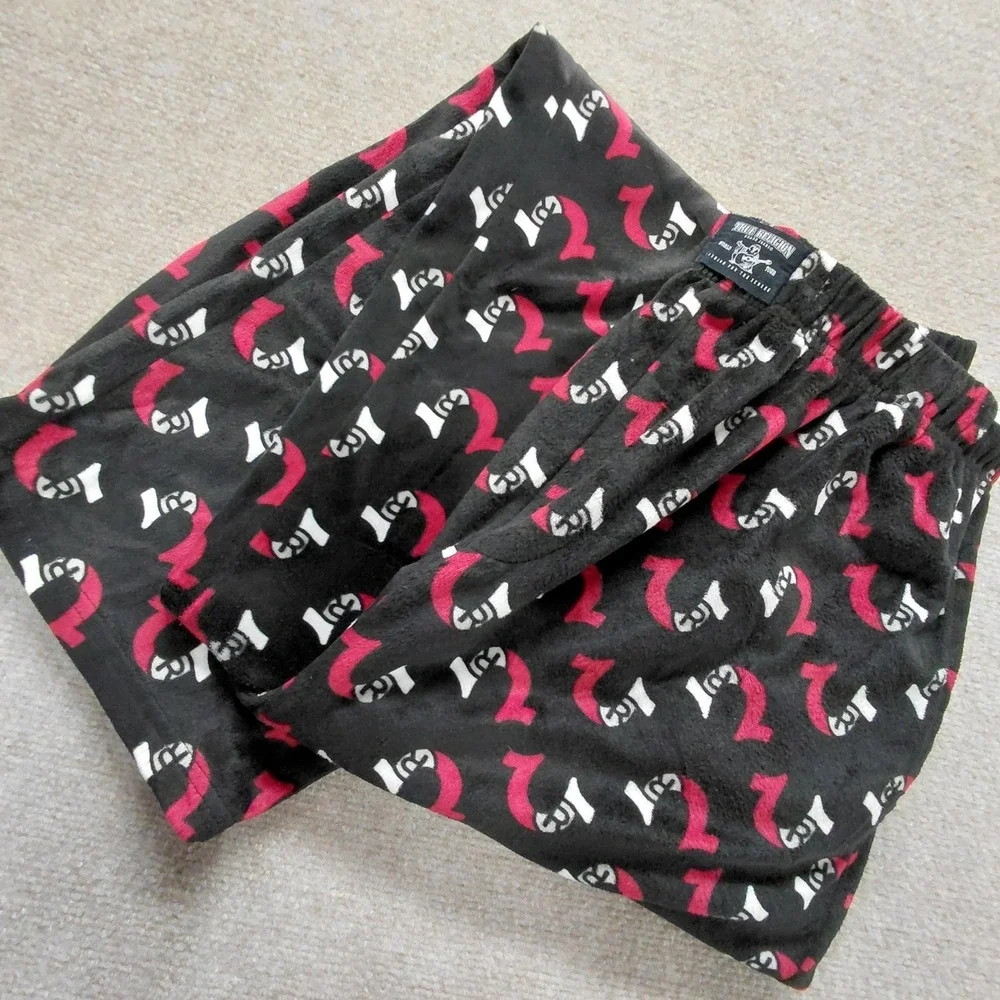 True Religion Black W/Red Logo All Over Print Velour Fleece Lounge Pants Mens XL